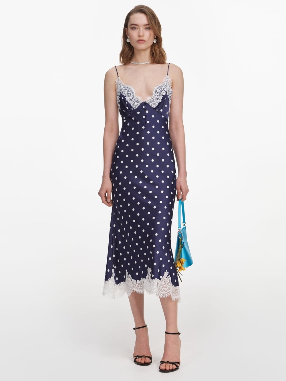 SELF-PORTRAIT NAVY SATIN POLKA DOT MIDI DRESS, NEW WITHOUT TAGS, NEVER WORN.